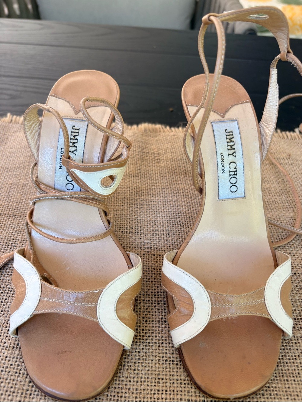 Jimmy Choo Tan and White Leather Strappy Stiletto Heels